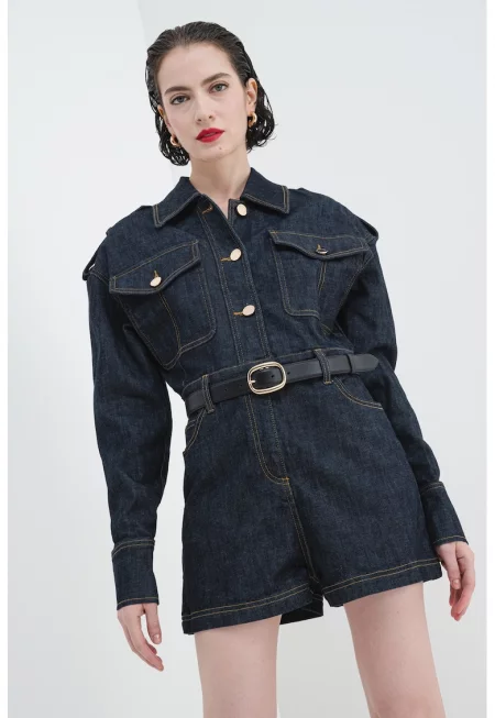 Къс гащеризон от деним с джобове - Тъмносин