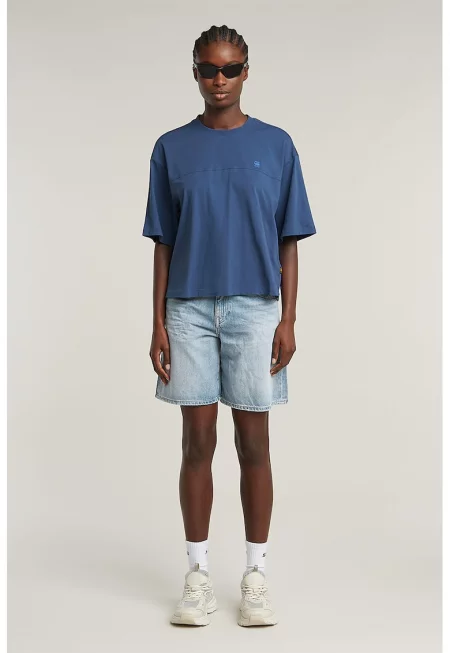 Къс панталон от деним с висока талия - Светлосин