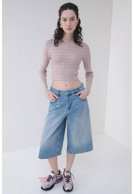 Къс слим пуловер Soil - Прашно розово/Сребрист