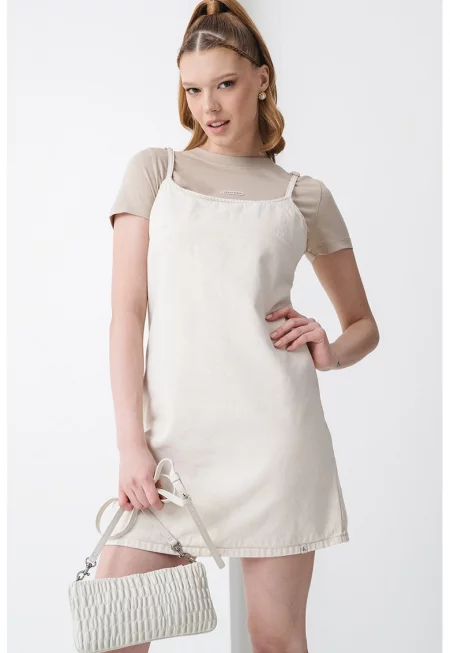 Къса рокля от деним с лиосел - Крем