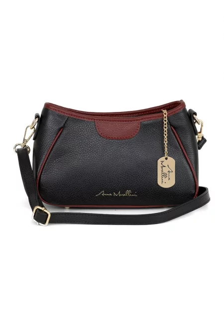 Кожена чанта през рамо с контрасти - Бордо/Въглен сиво