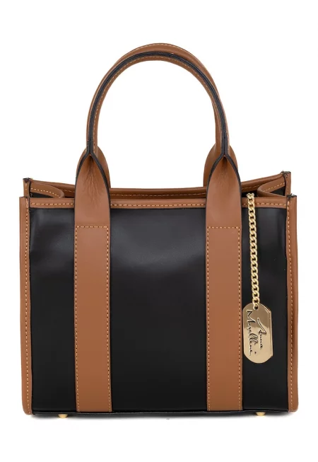 Кожена чанта за рамо Litana с цип - Черен/Канелено кафяво