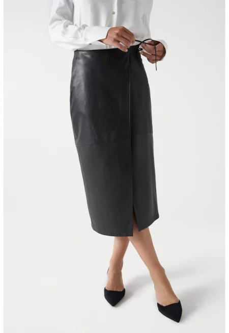 Кожена пола със застъпен дизайн - Черен