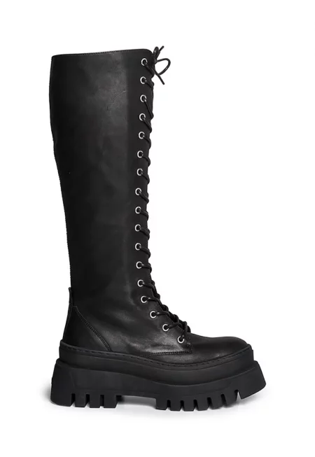 Кожени ботуши до коляното с връзки - Черен