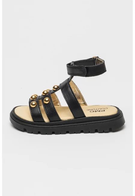 Кожени сандали с велкро - Златист/Черен