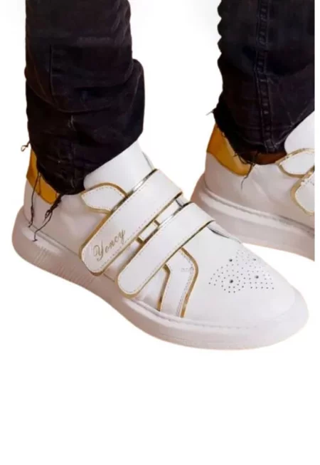 Кожени спортни обувки с велкро - Бял/Златист