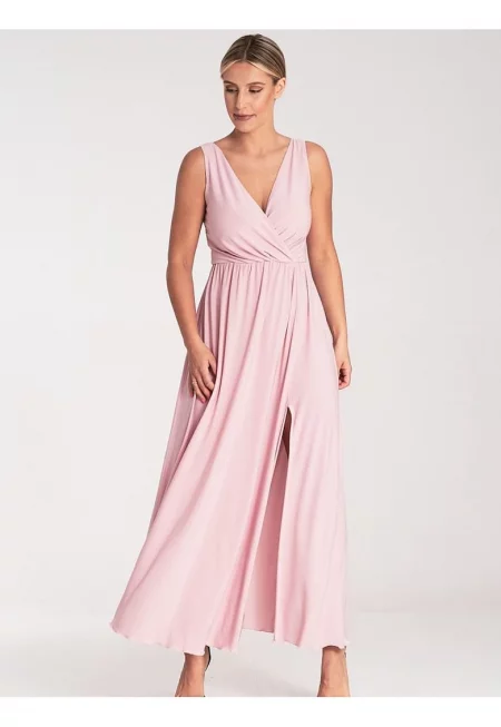 Макси рокля  розова - V-образно деколте - разкроена талия - 5% еластан - 95% полиестер