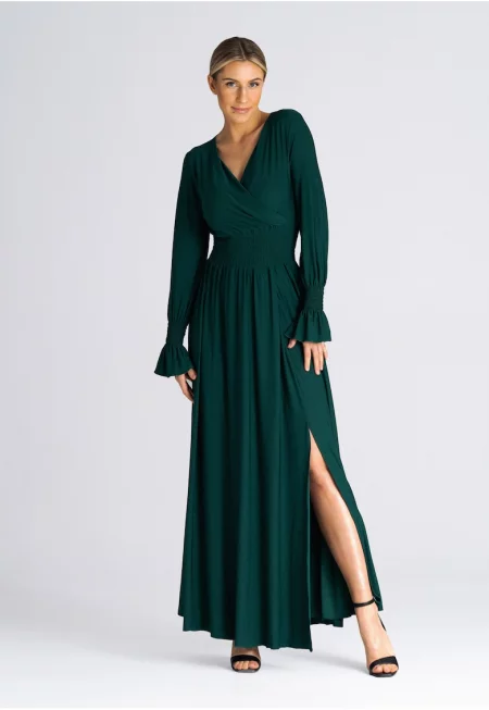 Макси рокля  зелена - V-образно деколте - еластична талия - 95% полиестер - 5% еластан - SM