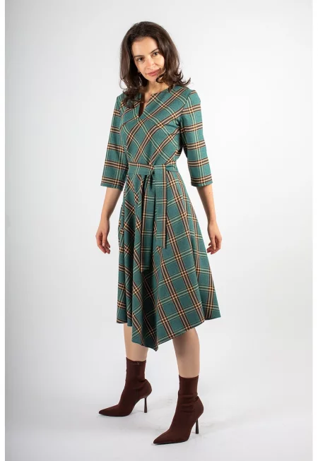 Миди рокля Elisabeth с връзка - Кафяв/Бледозелен/Петролно синьо