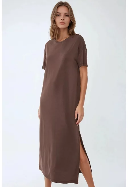 Миди рокля -  свободна кройка - кафява - полиестер/модал