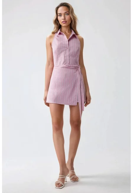 Мини рокля на райета  яка на риза - розова - текстил