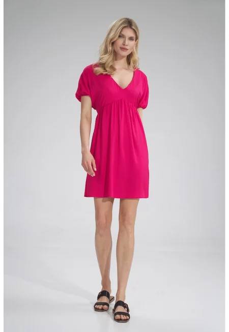 Мини рокля -  V-образно деколте - вискоза - розово