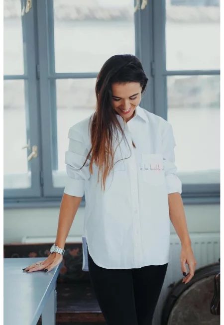 Памучна риза със сърцевиден принт и надпис - Бял/Зелен/Син