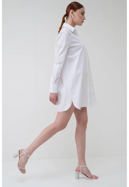 Памучна рокля тип риза - Бял
