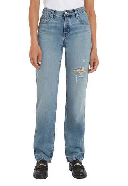 Прави дънки с протрити зони - Пастелносин