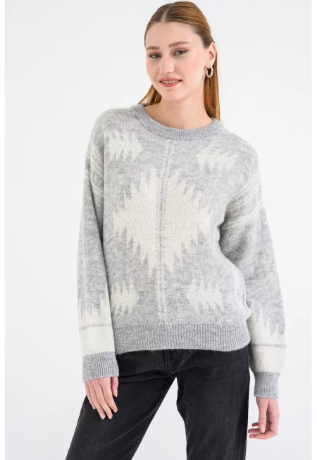 Пуловер с мохер с паднали ръкави - Светло сив/Мръснобял