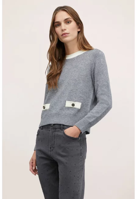 Пуловер с вълна и закопчаване отзад - Прашно синьо/Мръснобял