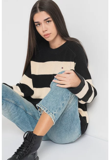 Раиран пуловер с органичен памук с райе