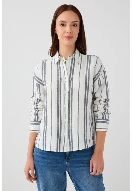 Раирана ленена риза - Прашно синьо/Бял