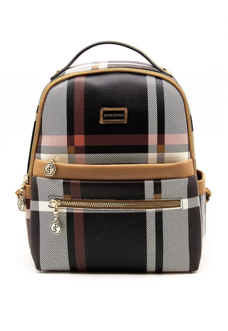 Раница от еко кожа на каре - Черен/Карамел