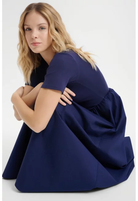 Разкроена рокля с къси ръкави - Тъмносин