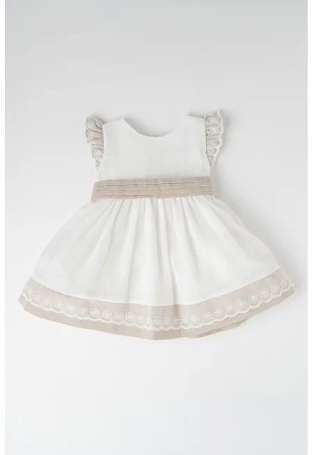 Разкроена рокля с лен и панделка - Бял/Сиво-кафяв