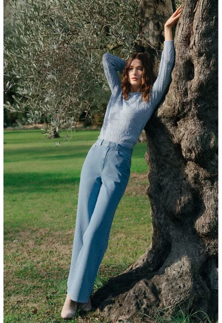 Разкроени дънки с висока талия - Светлосин