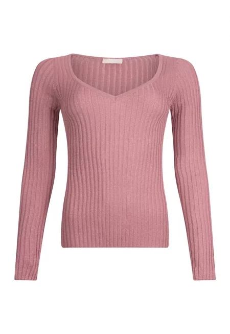 Рипсен шпиц пуловер - Розово