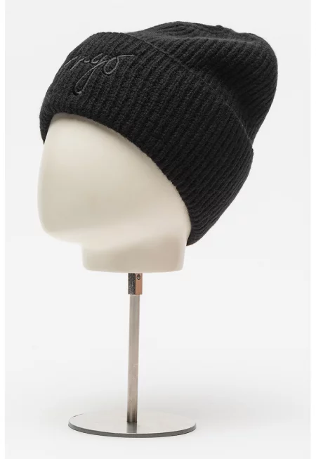 Рипсена шапка с вълна - Черен