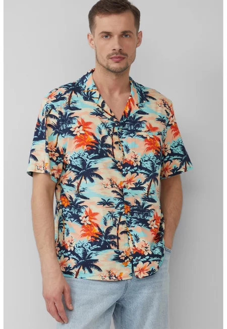 Риза с къси ръкави и тропически десен - Оранжев/Тъмносин