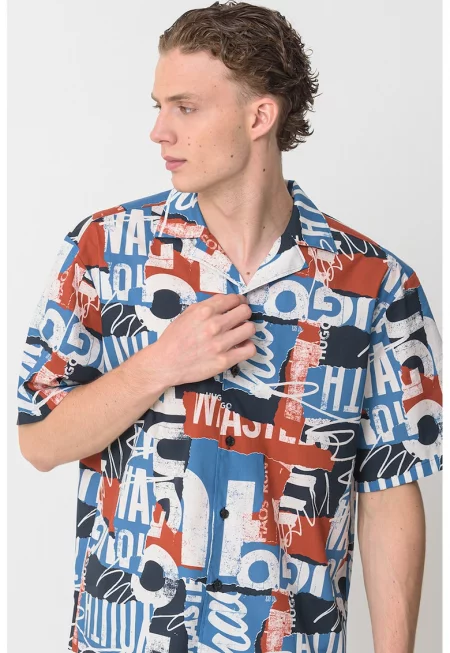 Риза с къси ръкави с лога - Тъмносин/Тъмночервен/Мръснобял