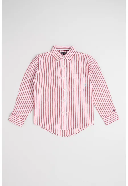 Риза с лен на райе - Червен/Бял