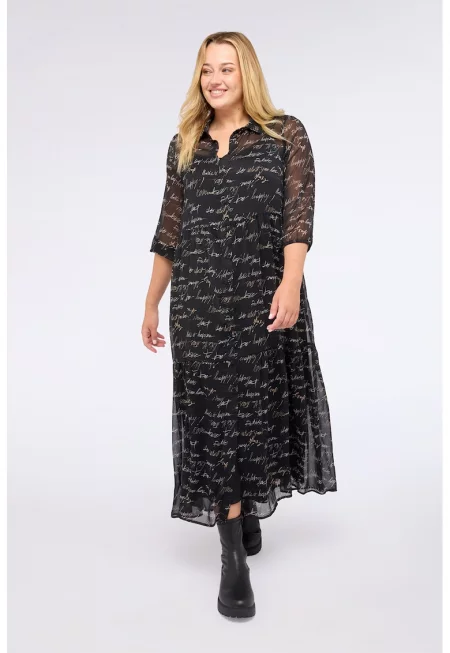 Рокля с надписи с 3/4 ръкави - Черен