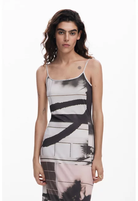 Рокля с принт и регулируеми презрамки - Бял/Черен/Кафяв