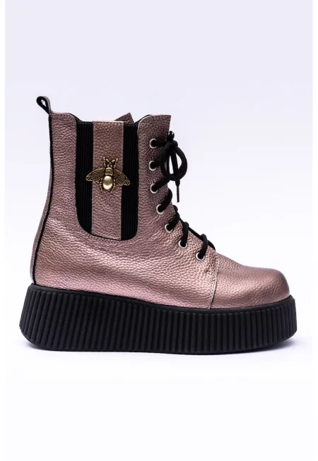 Скосени кожени боти с метален ефект - Розово златисто