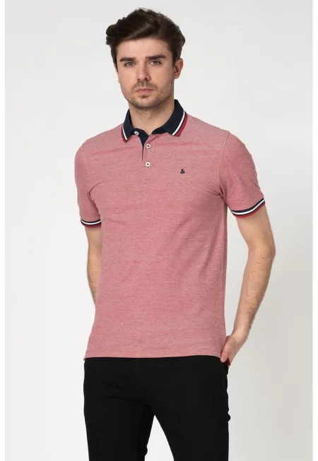 Слим тениска Paulos от органичен памук с яка - Червен