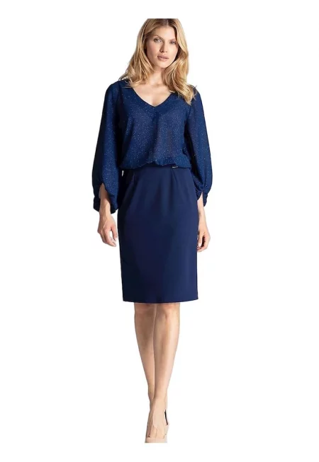 тъмносиня миди пола молив - ламиниран брокат - без подплата - цепка на гърба - полиестер