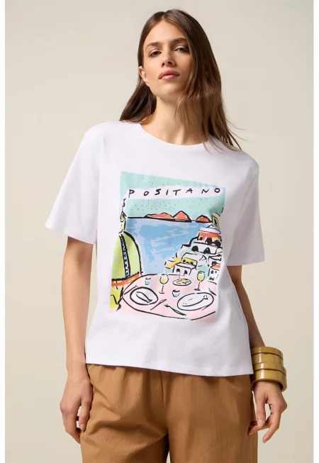 Тениска с графична шарка - Бял