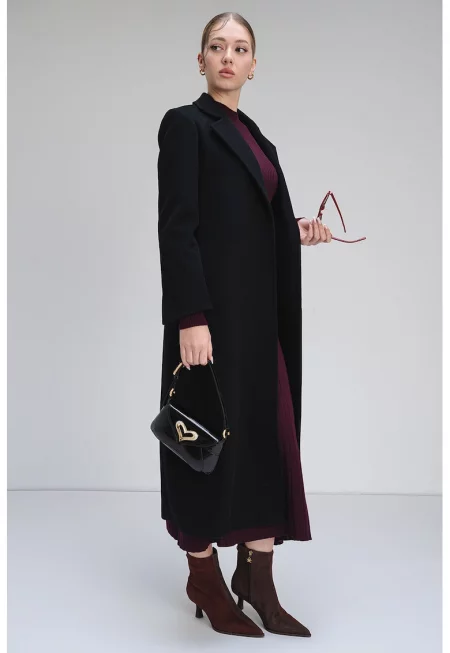 Вълнено палто Longrun с колан - Черен