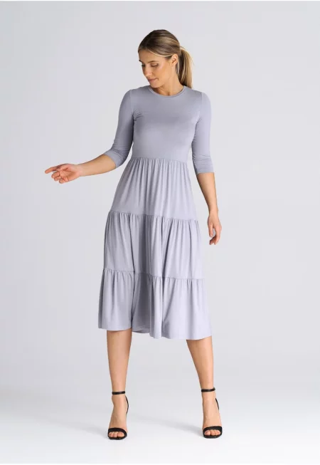 Вталена рокля  с волани - 3/4 ръкав - сива - вискоза