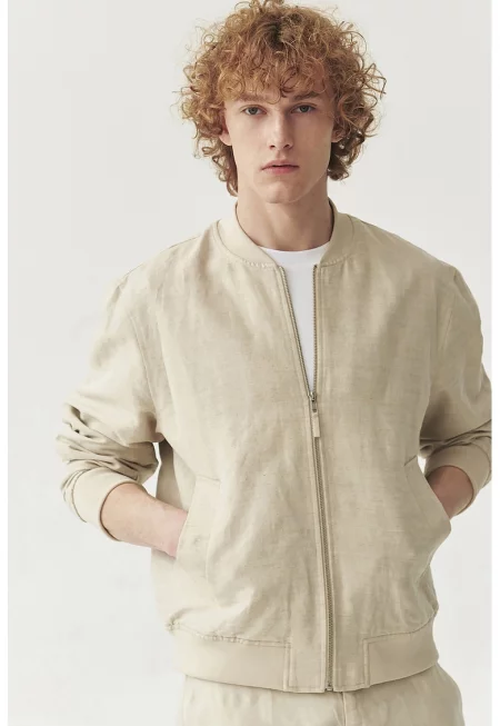 Яке с лен с цип и джобове встрани - Светло бежово