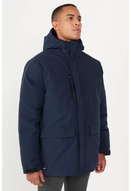 Зимно яке с качулка и джобове с капаче - Тъмносин