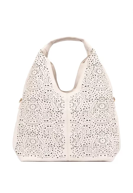 Бежова чанта за рамо  с ажурен дизайн - лека и практична - идеални размери за ежедневно ползване