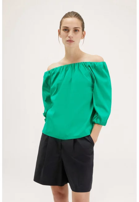 Блуза с памук и голо рамо - Зелен