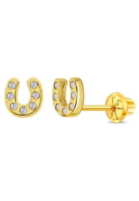 Cercei din Aur 14K pentru Bebelusi si Copii - model Potcoava Norocoasa cu Pietre CZ clare - inchidere cu Filet si Protectie
