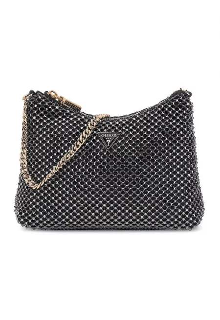 Чанта през рамо с декоративни камъни - Черен/Сив