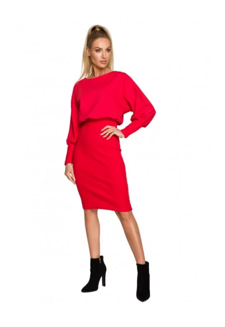 Червена памучна рокля с мека материя - Червен