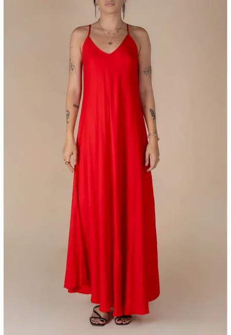 Дълга ленена рокля А-силует Червена