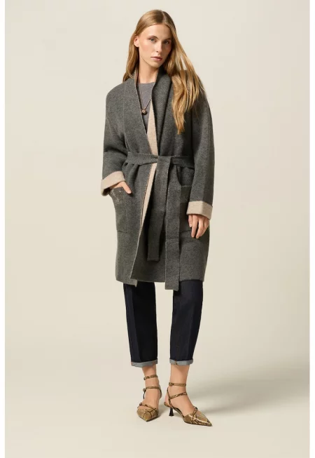Дълго палто с колан - Сив
