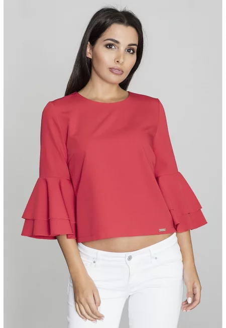 Дамска блуза -  С волани - Полиестер/Вискоза - Червена